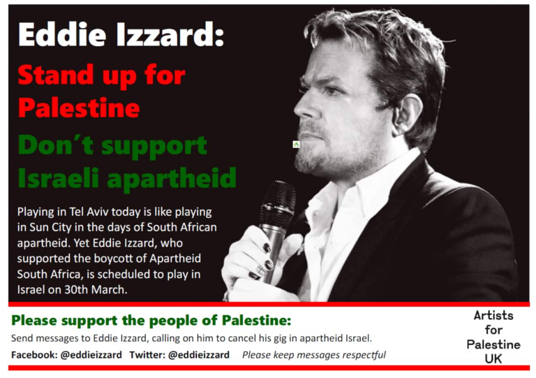 Fans ask Eddie Izzard – “Don’t support Apartheid Israel”